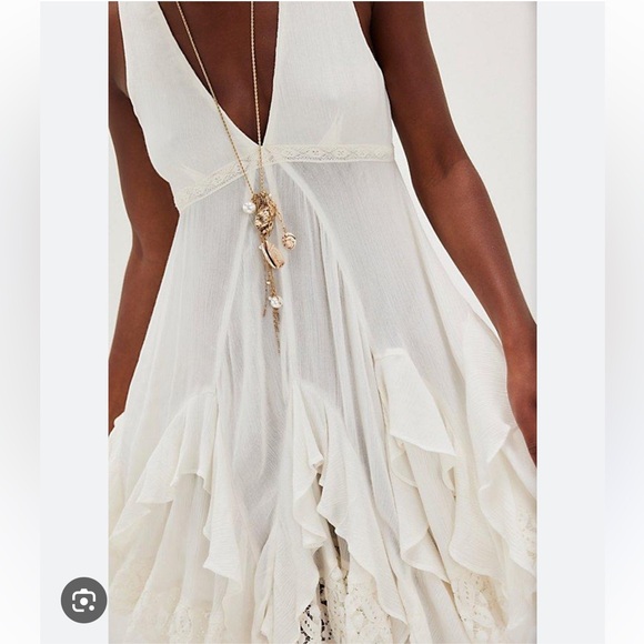 Free People Ladies Tans Tide Tunic Cascading Ruffles Crochet Trim Mini Dress - Picture 3 of 6